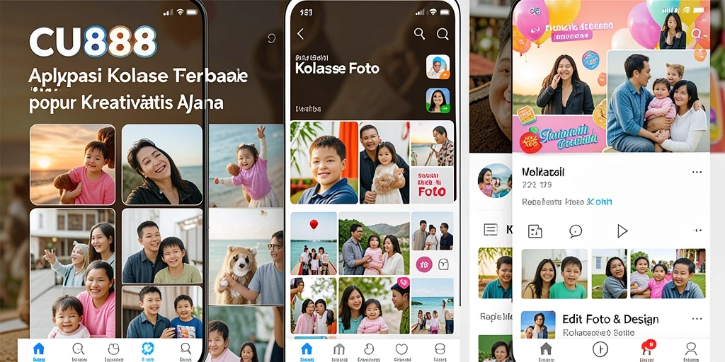 Screenshot aplikasi CU888 menampilkan antarmuka kolase foto yang kreatif.